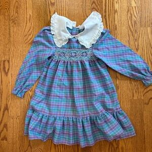 Vintage smocked plaid blue purple green Peter Pan collar tiered layer dress 2T